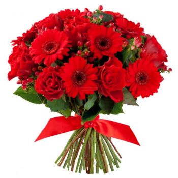 Букет из роз,гербер и гиперикума "Вспышка"